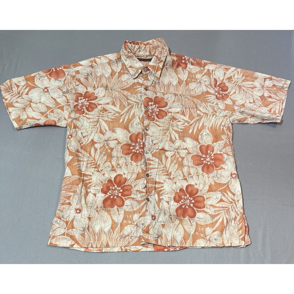 Tori Richard Shirt Mens Large Orange Floral Short Sleeve Button Up Hawaii